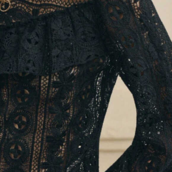 NEW Sezane Style Black Lace Ruffle Long Sleeve Blouse size XL 12 - Picture 5 of 7